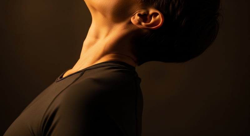 Editorial photograph side-profile of an anonymous adult in fitted charcoal athletic clothing performing a chin tuck, head retracted over shoulders, warm honey-gold side-lighting against deep espresso brown background, no identifiable facial features