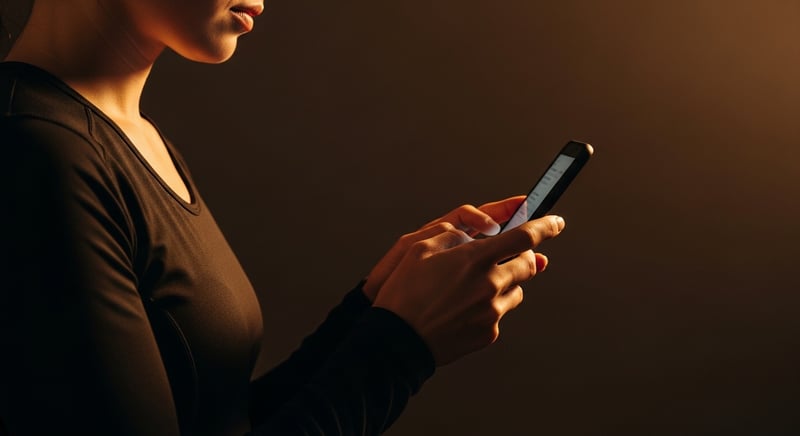 Editorial photograph side-profile of an anonymous adult in fitted dark charcoal clothing typing on a smartphone at chest height, neck visibly flexed forward, warm amber side-lighting, shallow depth of field, no identifiable facial features