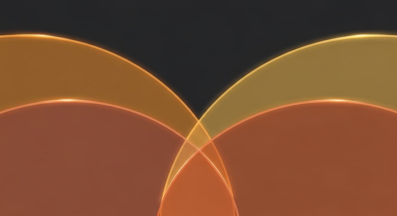 Clean geometric abstract composition of three overlapping translucent arcs on dark charcoal, representing sleep quality, physical activity, and cervical strain, warm amber edge light and muted copper accents