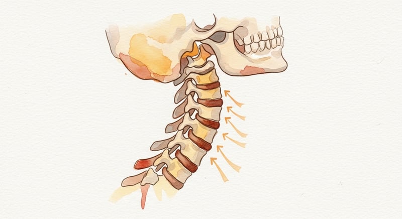 Loose watercolor illustration of a side-view cervical spine showing the natural lordotic curve with subtle arrows indicating where loads concentrate at different head positions, warm honey-gold and terracotta on cream paper
