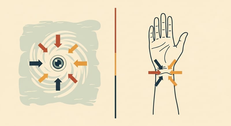 Minimalist flat two-panel illustration on warm cream background: left panel shows a stylized swirling hurricane symbol with four small arrows labeled by position only (representing sea temperature, wind shear, Coriolis force, moisture) converging at the eye; right panel shows a side-profile human wrist and forearm with four small honey-gold accent arrows converging at the carpal tunnel region (representing hand force, repetition, duty cycle, wrist deviation), identical arrow style and color palette across both panels, thin vertical divider, terracotta and warm honey-gold accents on dark charcoal anatomy lines