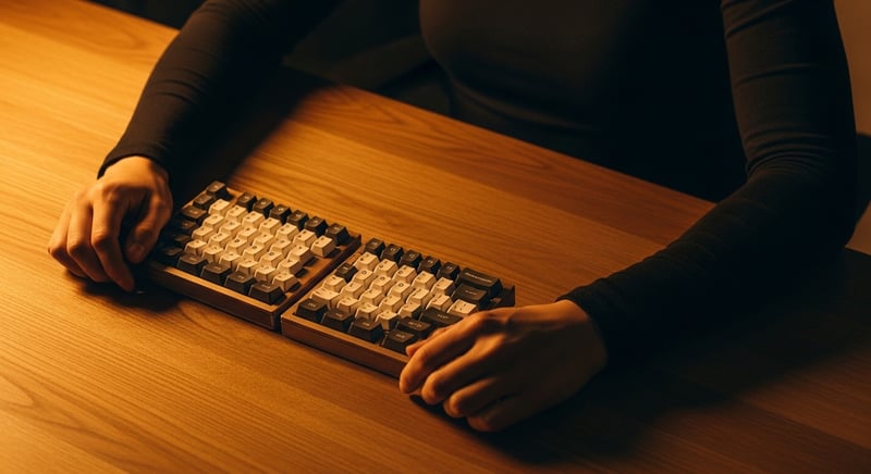Cinematic editorial three-quarter angle photograph of a wooden desk with a two-piece split mechanical keyboard separated to shoulder width and tented at a moderate gable angle, anonymous hands cropped at the forearms resting at the keyboards in neutral wrist position, warm amber side lighting, deep espresso shadows, no identifiable facial features