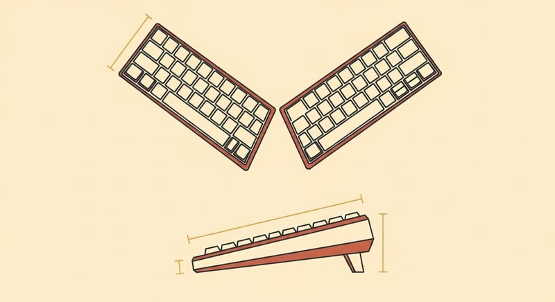 Minimal flat illustration on warm cream background of a split keyboard viewed from above and from the side, with honey-gold accent arrows marking three geometric parameters: opening angle between halves, gable (tenting) angle lifting the inside edges, and slope tilt, thin terracotta dimension lines, dark charcoal keyboard line art, editorial infographic feel, no text labels