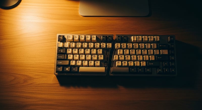 Cinematic editorial overhead photograph of a split mechanical keyboard angled in tented configuration on a warm wooden desk, soft amber side-lighting, anonymous hands cropped at the wrists hovering above the keys, deep espresso brown shadows, no identifiable facial features