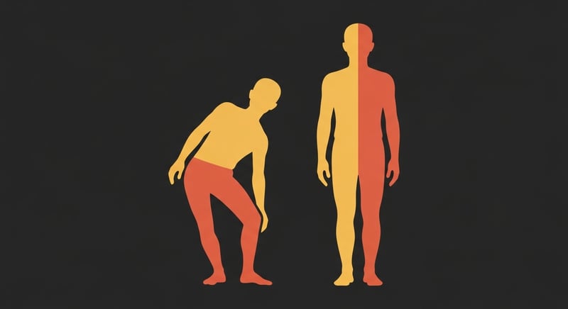 Flat illustration comparing two standing figures, one with weight parked on one leg and the hip jutting out to the side, one standing evenly with a level pelvis and weight through both feet, honey-gold and terracotta on charcoal, no text