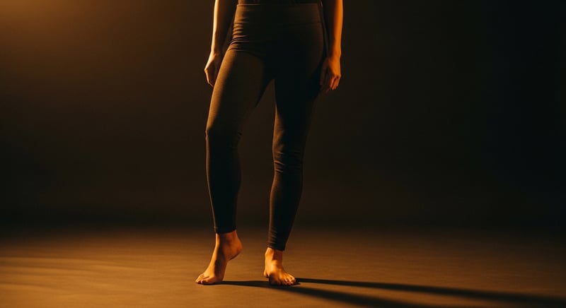 Editorial photograph of a person standing with a relaxed even stance, weight balanced through both feet and a level pelvis, warm amber light, head cropped above the hairline