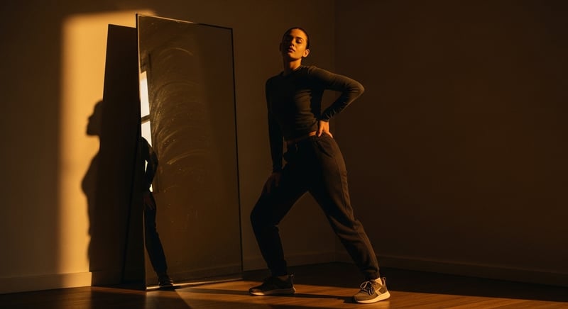 Editorial photograph of a person standing with weight on one hip catching their tilted stance in a mirror, warm amber side-light, head cropped above the hairline