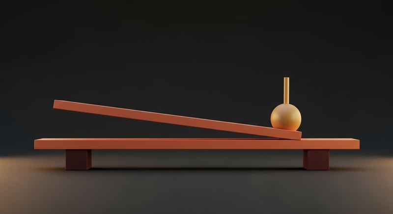 Clean geometric abstract of a horizontal beam resting on two supports with a heavy weight pressing down on only one end, tilting it, terracotta and amber on dark charcoal, no text