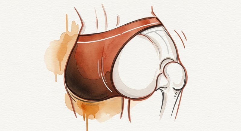 Loose watercolor of a tilted pelvis with the gluteus medius on the loaded side painted slack and faded while the hip juts out, warm terracotta and honey-gold on cream, no text
