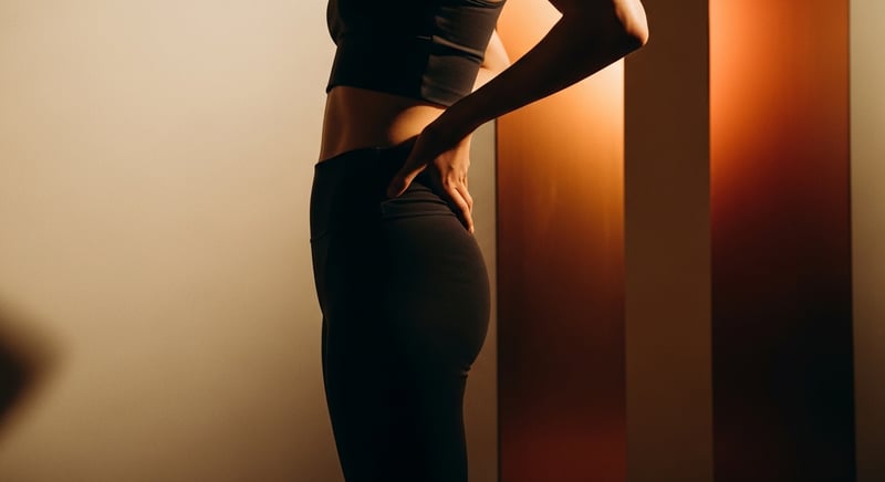 Side-profile editorial photograph of a person's torso and hips with weight parked on one leg, a hand on the jutting hip, warm amber studio light