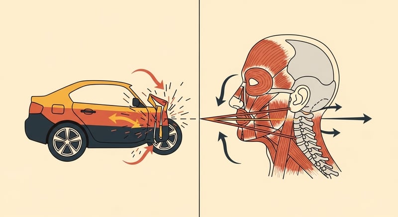 Two-panel flat illustration: left panel a car's front crumple zone folding in controlled steps around a rigid passenger cell, right panel a side-profile neck with the SCM absorbing load around the cervical spine, matching force arrows across both, honey-gold and terracotta on charcoal