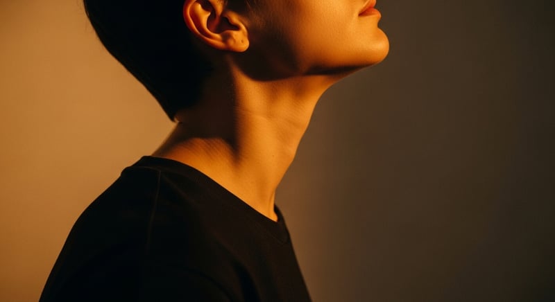 Editorial side-profile photograph of a person performing a gentle chin tuck, sliding the head back to stack over the shoulders, warm amber light, no identifiable face