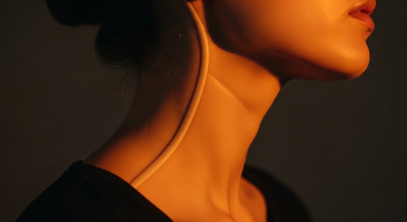 Warm editorial side-profile close-up of a neck with the sternocleidomastoid standing out as a taut diagonal cord from behind the ear down to the collarbone, no face visible above the jaw