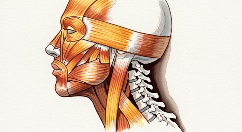 Loose watercolor of a neck in side profile with the sternocleidomastoid glowing warm as it wraps and shields the deeper cervical spine, honey-gold and terracotta washes on cream paper