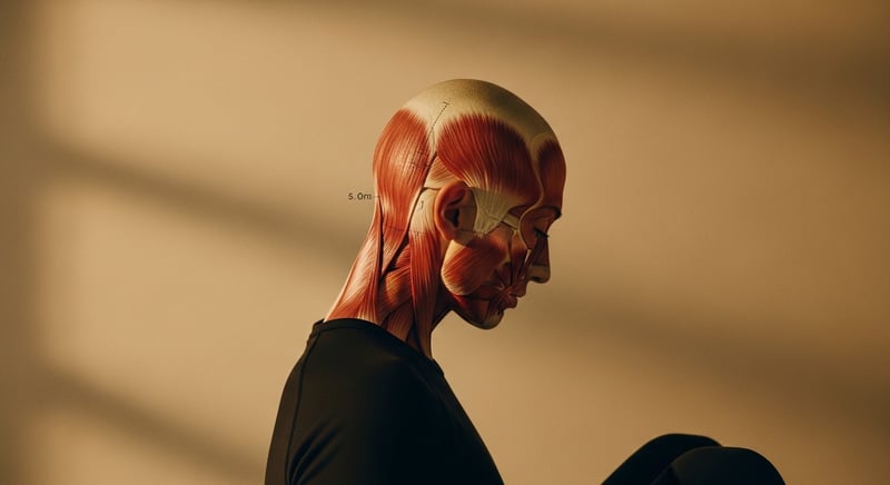 Editorial side-profile of a neck in warm amber light with the sternocleidomastoid standing out as a taut diagonal cord from behind the ear to the collarbone
