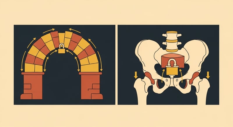 Two-panel flat illustration: left panel a Roman stone arch with the wedge keystone locking the voussoirs under compression arrows, right panel a front view of the pelvis with the sacrum as the keystone and the same compression arrows locking it, honey-gold and terracotta on charcoal