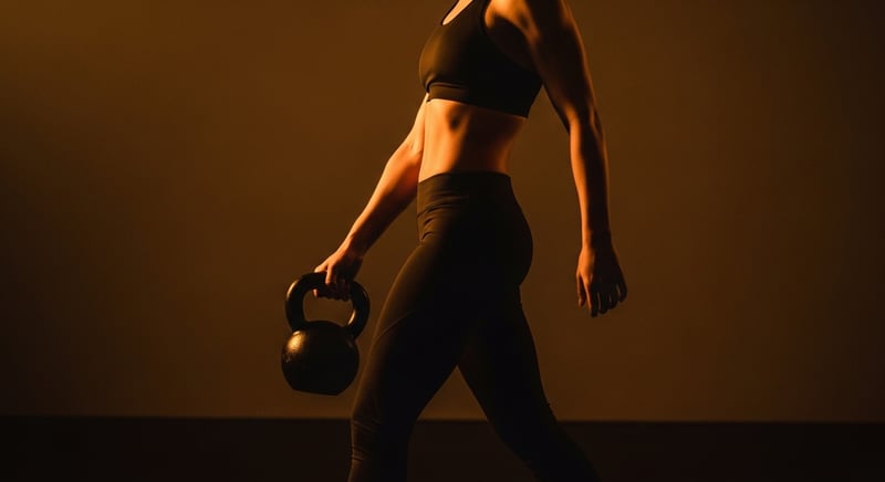 Editorial side-profile of a person mid-stride carrying a single heavy kettlebell in one hand, torso perfectly stacked and level with no lean, warm amber light, no identifiable face