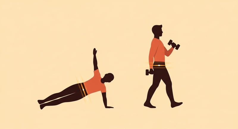 Flat illustration comparing a static side-plank silhouette on the left with an upright walking suitcase-carry silhouette on the right, both with a highlighted locked pelvis, honey-gold and terracotta on cream
