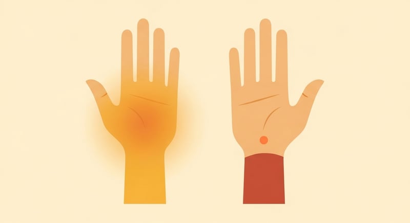 Flat illustration comparing two hands, one with a broad glow across the palm and forearm for grip fatigue and one with a small bright dot at the thumb base for tendon pain, honey-gold and terracotta on cream