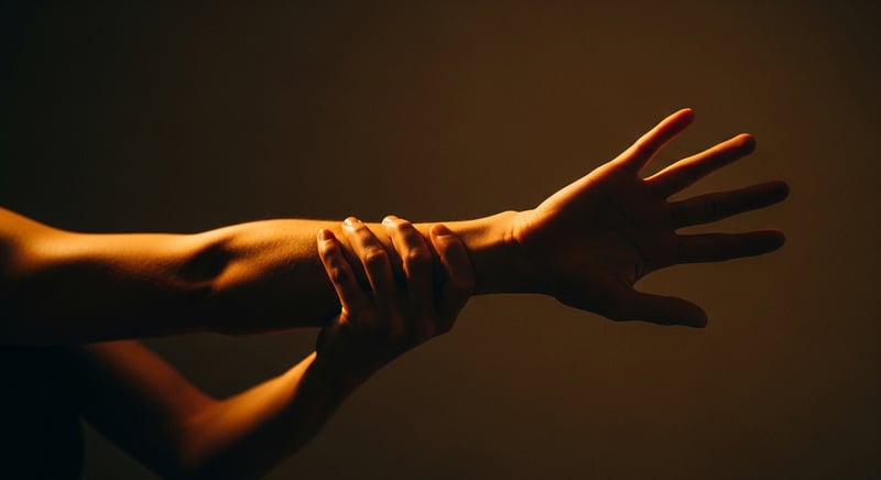 Editorial photograph of one hand gently pulling the fingers of an outstretched palm-up arm back into a forearm flexor stretch, warm amber light, no face in frame
