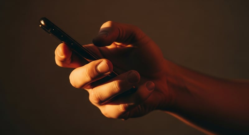 Warm editorial close-up of a hand clamped tight around a smartphone, fingers curled around the back and thumb reaching across the screen, forearm tendons visible