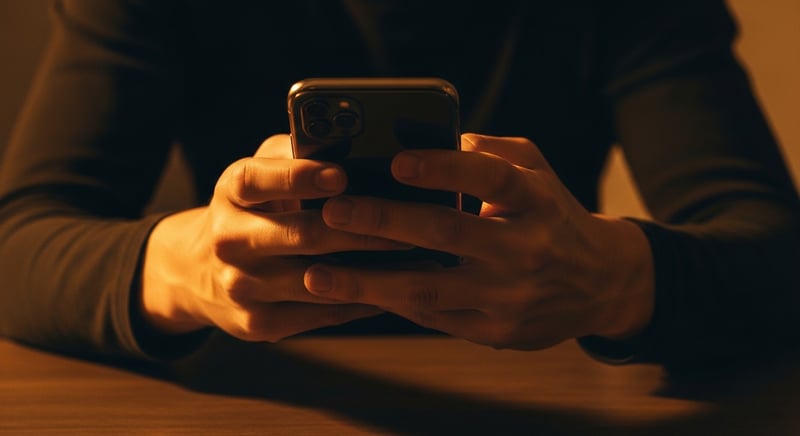 Editorial photograph of a phone cradled in two hands with both thumbs on the screen, relaxed grip, warm amber light and deep espresso shadows