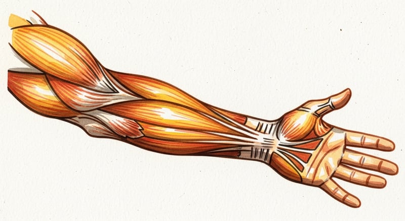 Loose watercolor of a forearm and hand with the flexor muscles glowing warm along the inner forearm and into the palm, honey-gold and terracotta washes on cream paper