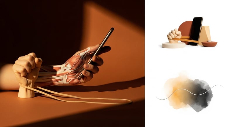 Editorial close-up of a hand clamped around a smartphone in warm amber light, fingers curled tight, forearm tendons standing out