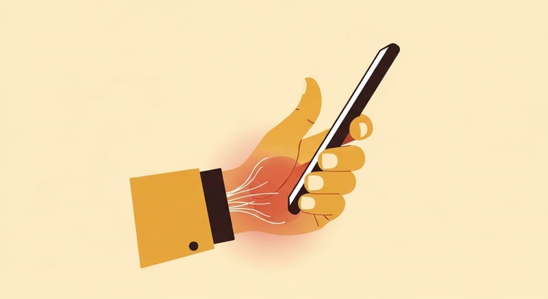 Minimal flat illustration on cream of a hand holding a phone and typing with the thumb, the thumb-side of the wrist marked with a soft terracotta glow to show the strained tendons, in honey-gold and deep espresso.