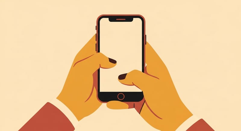 Minimal flat illustration on cream of two hands holding a phone and typing with both thumbs in a relaxed neutral grip, calm and balanced, in honey-gold and terracotta with deep espresso accents.