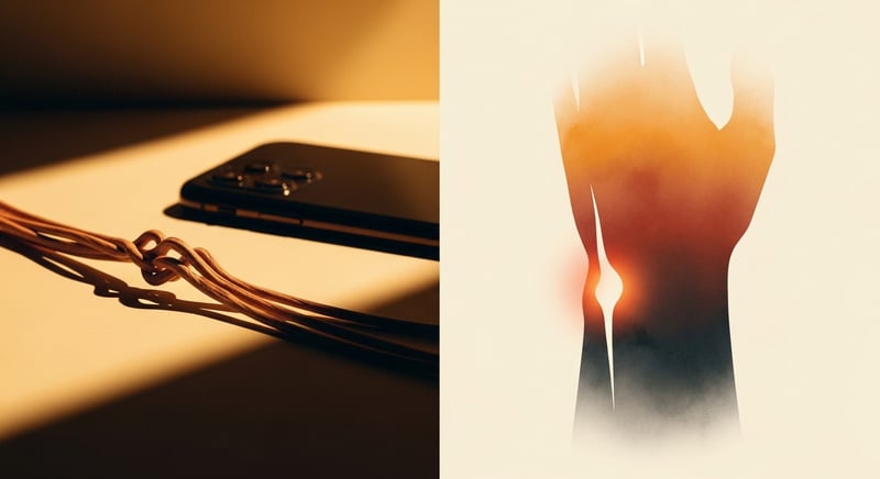Editorial close-up in warm amber tones of a hand holding a phone and typing with the thumb, the thumb-side of the wrist subtly highlighted as the strain point.