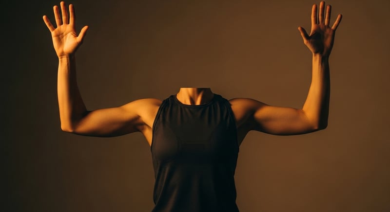 Editorial photograph of an anonymous adult performing the elevated arm stress test, both arms abducted to 90 degrees with elbows bent and hands at ear height palms forward, fitted dark charcoal athletic clothing, warm honey-gold side-lighting, deep espresso brown background, no identifiable facial features