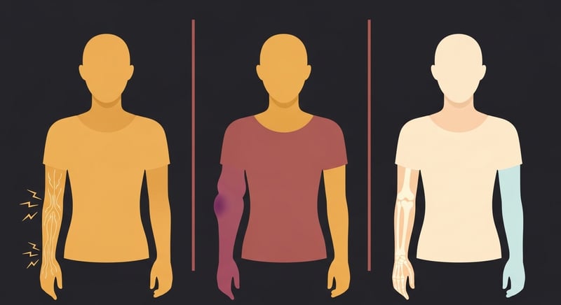 Flat illustration showing three side-by-side anonymous figures, each indicating one TOS subtype: a figure with tingling lines down the arm (neurogenic), a figure with a swollen discolored arm (venous), and a figure with a pale cold hand (arterial), against a dark charcoal background with warm honey-gold and terracotta accents