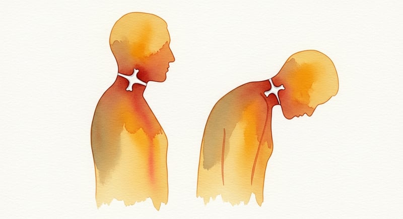 Loose watercolor illustration on cream paper showing two side-profile silhouettes, one with neutral shoulder position and head over the spine, the other with forward head and rounded shoulders, the thoracic outlet visibly compressed in the second figure, warm honey-gold and terracotta tones