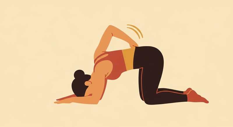 Minimalist flat illustration of a figure on hands and knees threading one arm under the body with the shoulder toward the floor in a mid-back rotation, deep espresso and terracotta with honey-gold accents on cream