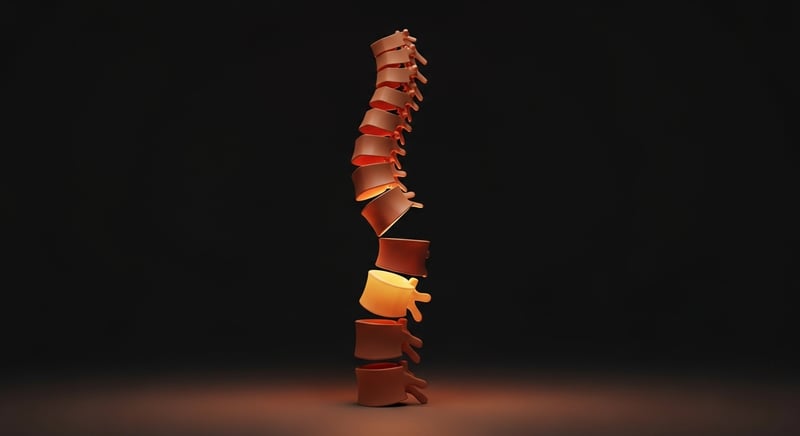 Clean geometric abstract composition of a tall stacked column where the stiff middle segment glows and the segments above it ease, warm terracotta and honey-gold on dark charcoal, suggesting load shifting off the top