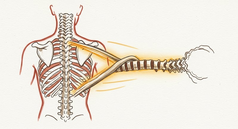 Loose watercolor illustration of a spine from behind with the middle thoracic section twisting and opening in rotation, warm honey-gold and terracotta washes on cream paper