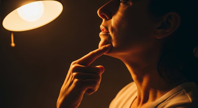 Close-up of fingers pressing gently into the jawline in warm lamp light, releasing tension in the masseter muscle