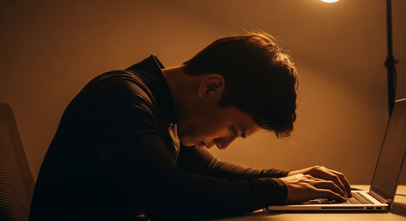 Editorial side-profile photograph of an anonymous person hunched at a desk with the head pushed forward and the shoulders shrugged up toward the ears, warm amber lighting, face cropped above the nose, no identifiable facial features