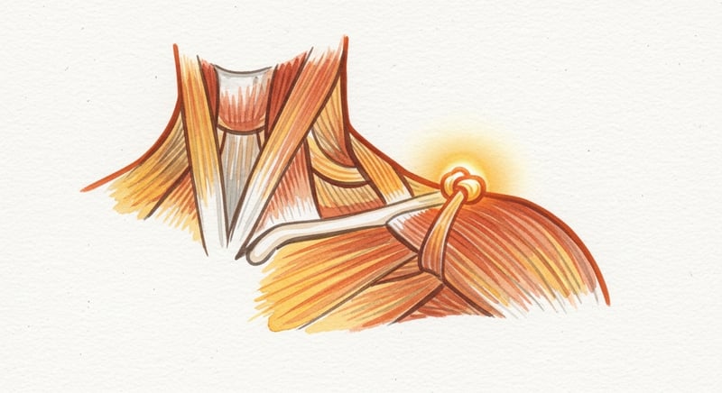 Loose watercolor illustration of the upper trapezius muscle running from the neck out to the shoulder with a glowing tight knotted band near the top of the shoulder, in warm honey-gold and terracotta on cream paper