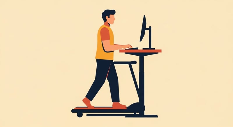 Minimal flat side-profile illustration of a person walking on an under-desk treadmill at a raised desk, elbows at a right angle, screen lifted to eye level, arms relaxed, in warm honey-gold and terracotta