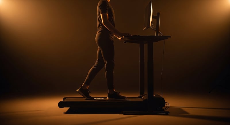 Editorial side-profile photograph of an anonymous person walking on an under-desk treadmill at a raised desk, standing tall with the screen at eye level, warm amber lighting, face cropped above the nose