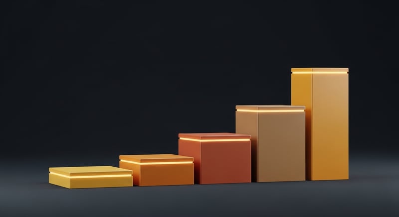 Clean geometric illustration of rectangular blocks rising in a gentle staircase from short to tall in warm honey-gold and terracotta on dark charcoal, representing a gradual ramp-up in walking time