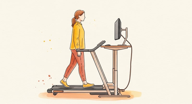Loose watercolor illustration in warm honey-gold and terracotta of a person walking on an under-desk treadmill at a raised standing desk, upright with the screen at eye level