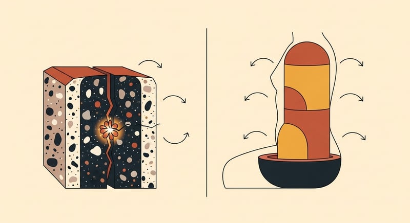Two-panel flat illustration: a cross-section of Roman concrete with interlocking ash, lime, and rock on the left, a seated torso showing the core cylinder of diaphragm, abdominals, and pelvic floor on the right, matching binding arrows mapped across both, honey-gold and terracotta on dark charcoal