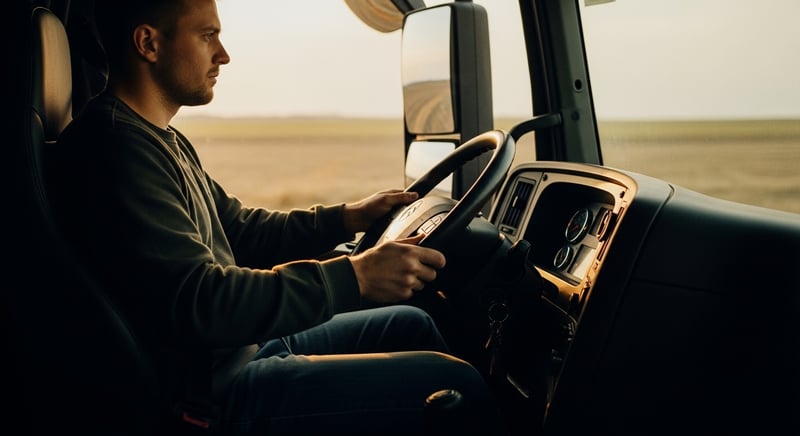 Editorial photograph from the side of a long-haul driver seated in a truck cab gripping the wheel, lower back rounded against the seat, warm amber dashboard light, face cropped above the nose