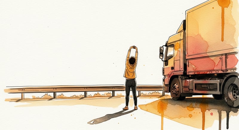 Loose watercolor illustration of a figure standing beside a truck at a rest stop reaching overhead in a gentle backbend, warm honey-gold and terracotta washes on cream