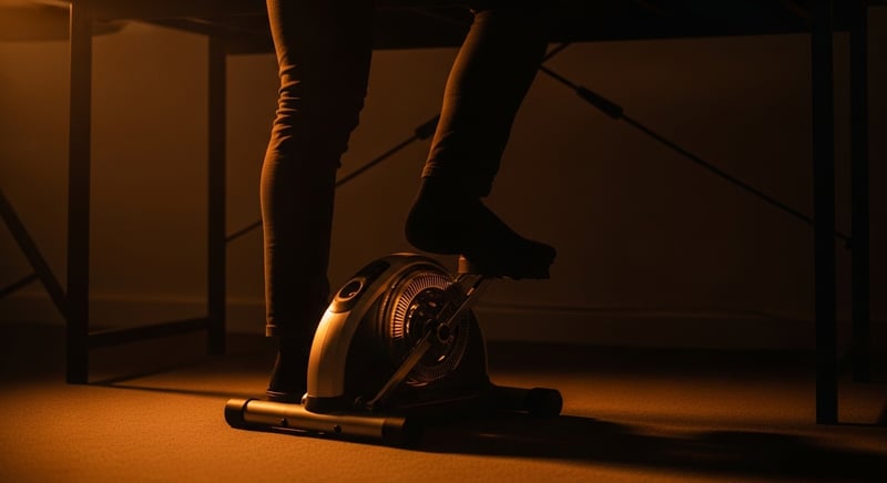 Editorial photograph of a person's lower legs pedalling a compact under-desk exercise machine beneath a desk, warm side lighting, no face in frame