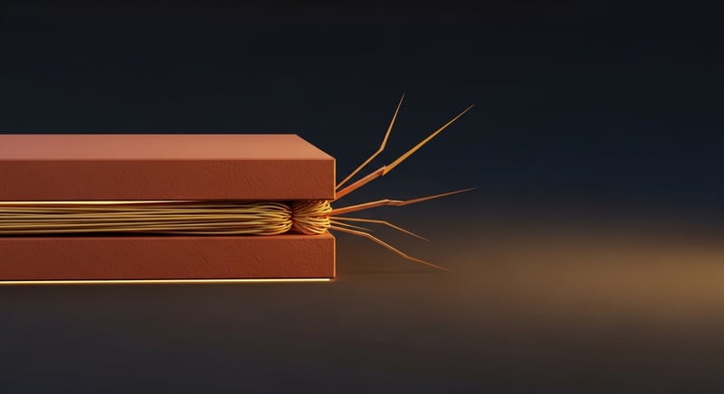 Geometric illustration of two rigid slabs with strain lines bunched at a locked seam and fracture lines beginning to radiate, stored stress about to release