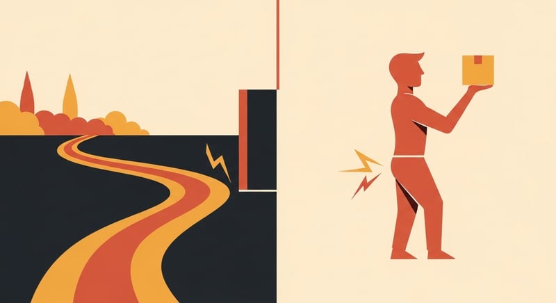 Two-panel flat illustration: a garden path ending abruptly at a wall on the left, a person jolting while lifting a small light box on the right, mapped with the same shock lines
